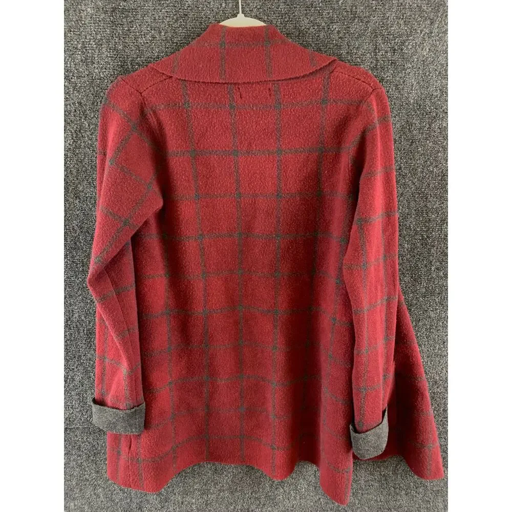 Jones & Co Women’s Windowpane Plaid Sweater Jacket Red & Grey Size M
